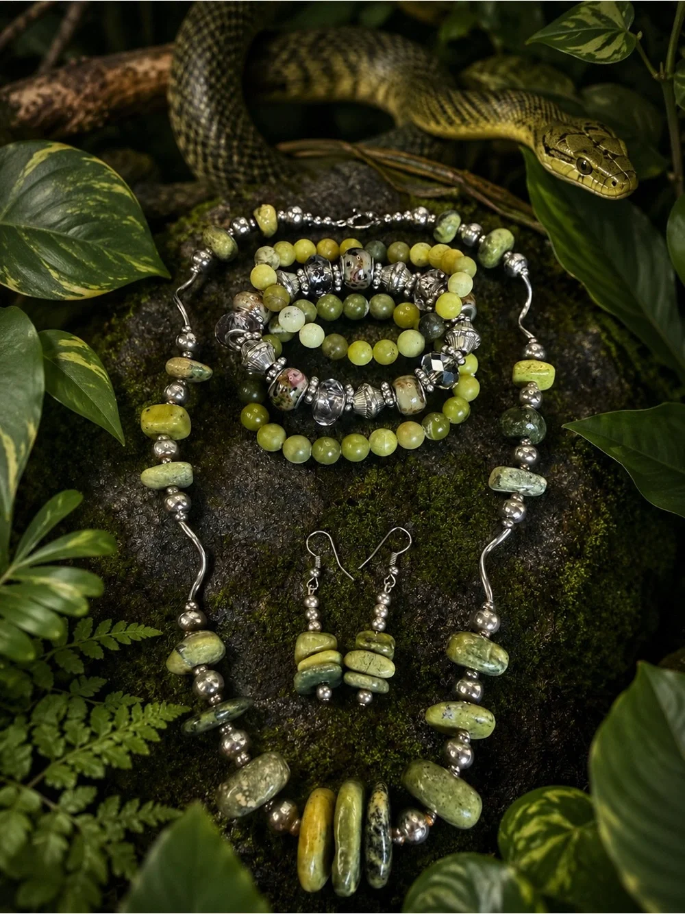 Serpentine Gemstone Beaded Jewelry Set, Necklace, Bracelet Bundle & Earrings
